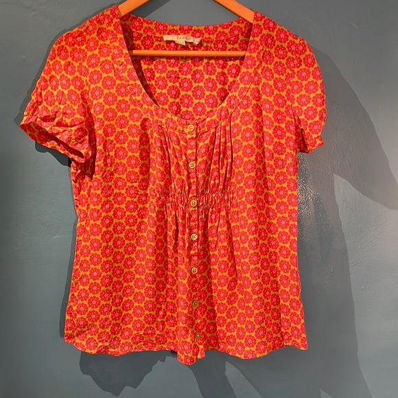 Boden semi-sheer floral blouse orange and green size 8 - Picture 2 of 5